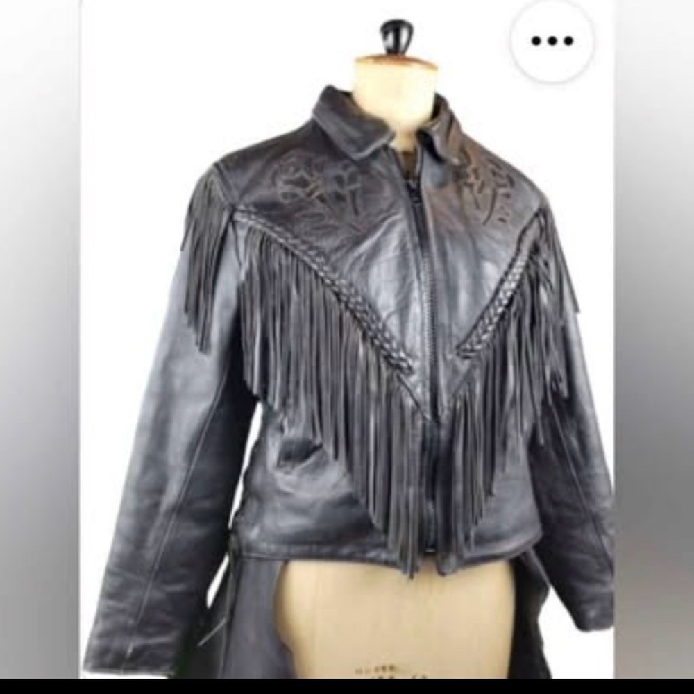 Unik Black Leather Jacket with Fringe, size Small